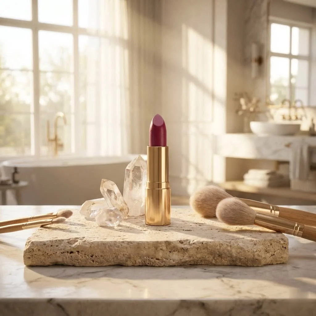 Dark red lipstick on a woman's lips