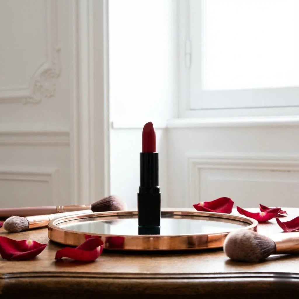 Woman applying red matte lipstick