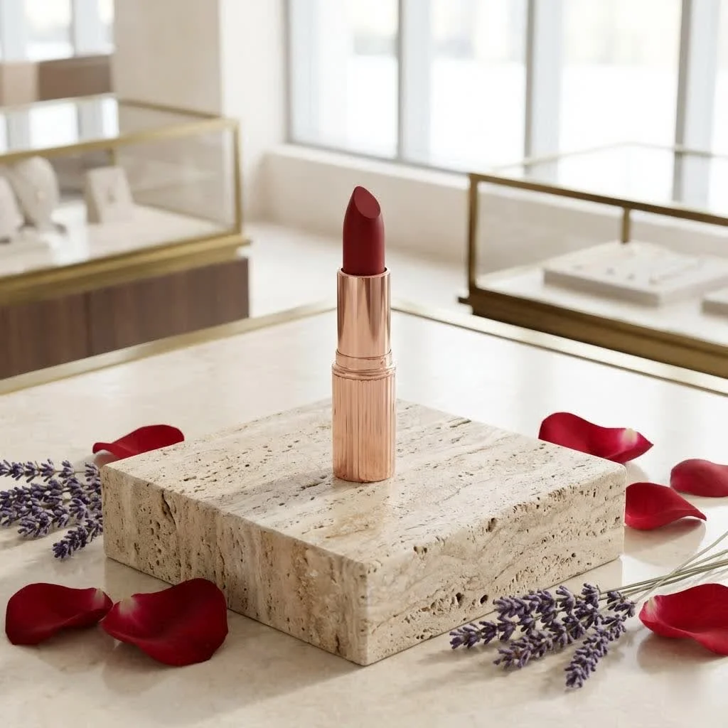 Model wearing deep emerald green lipstick