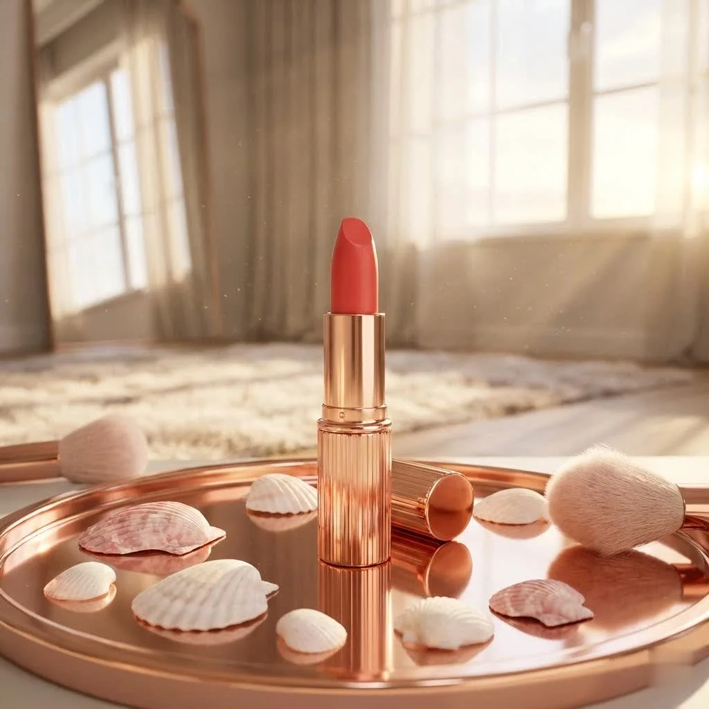 Woman wearing purple lipstick with a confident expression